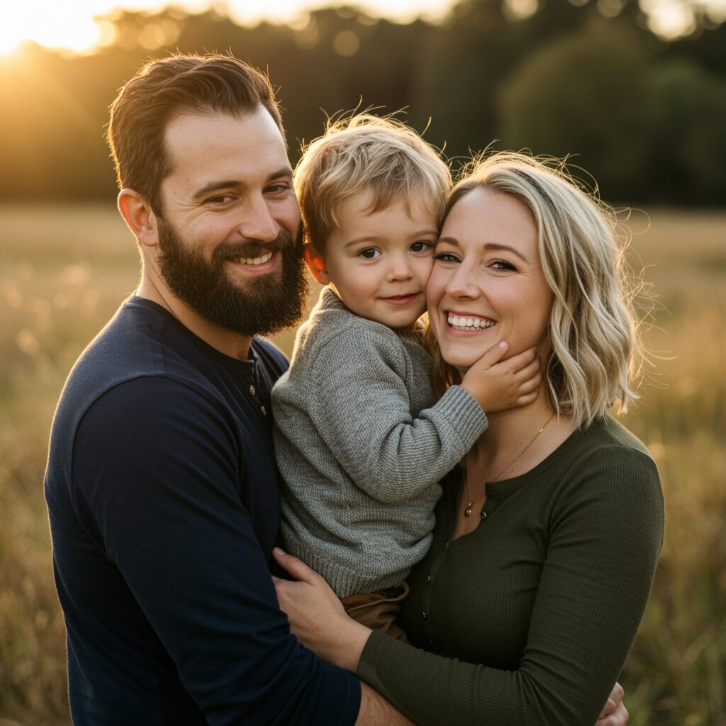 Parents embracing their young child outdoors